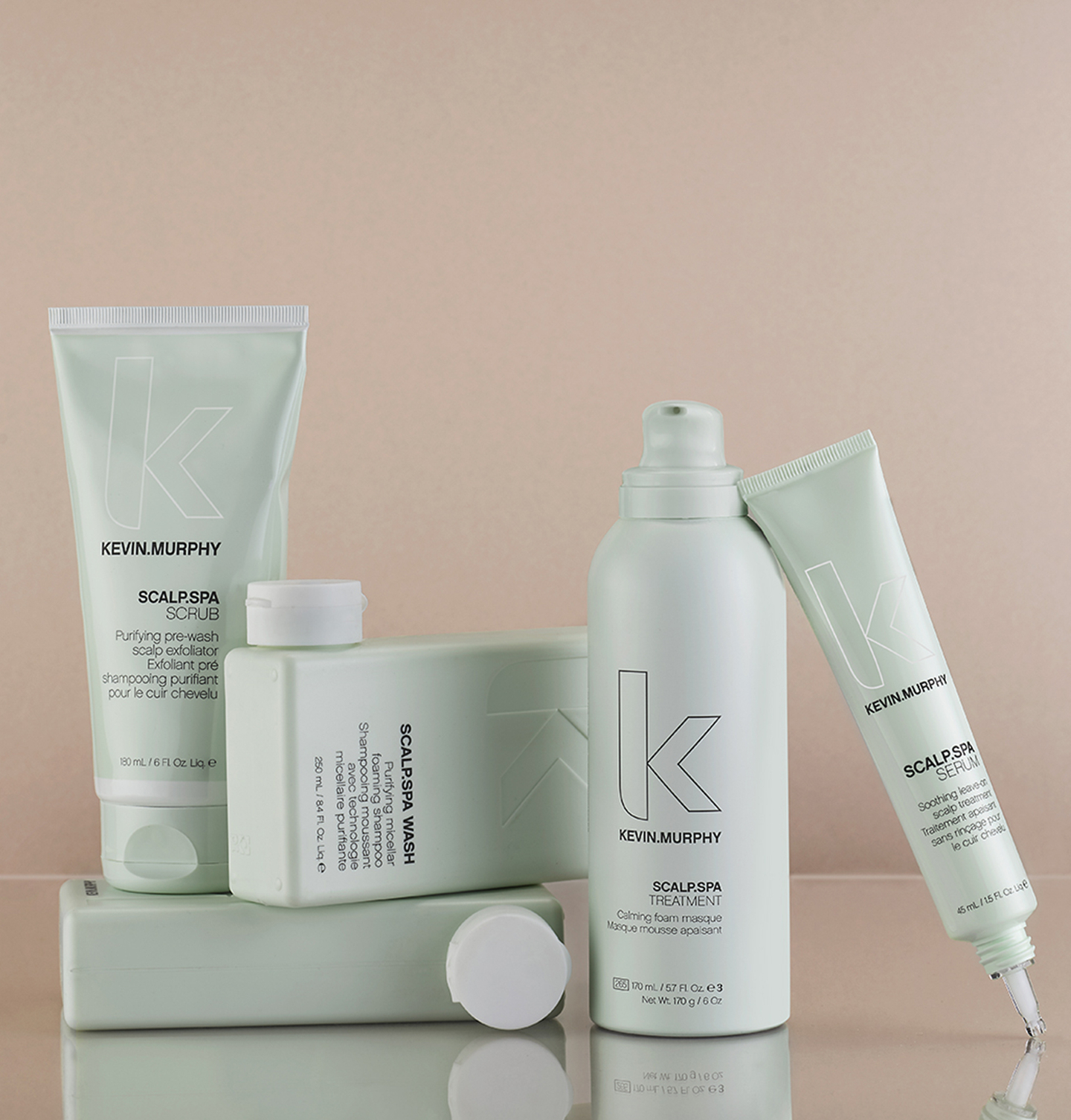 Collection of Kevin.Murphy ScalpSpa products including scrub, wash, serum, and treatment